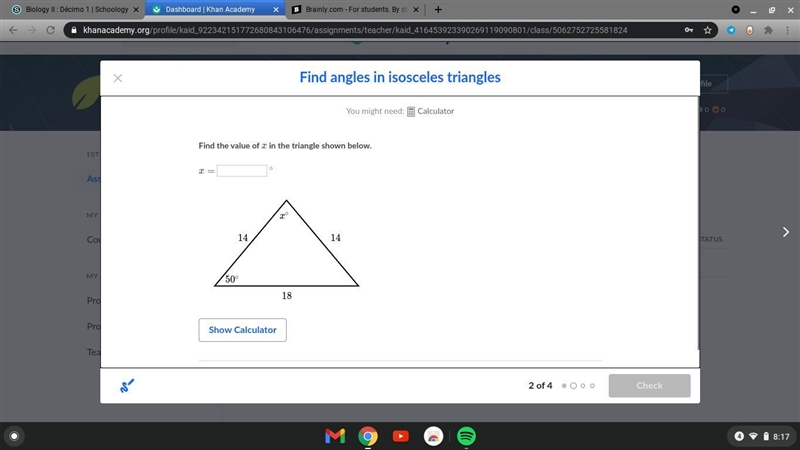 Find the value of xin the triangle shown below-example-1