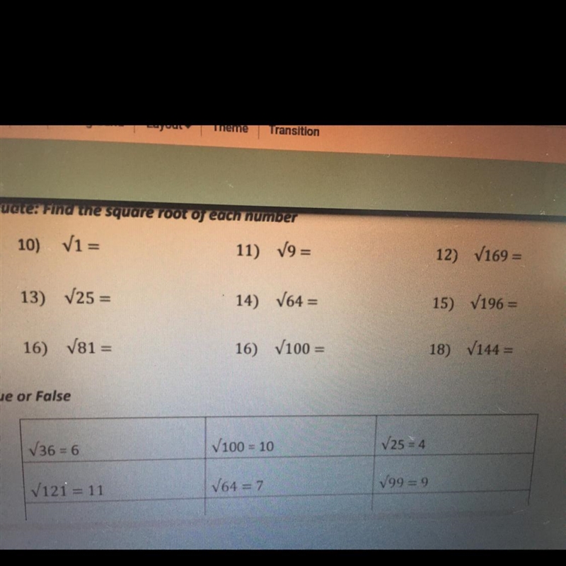 Evaluote: Find the square root of each number Only the first part!! help pleasee-example-1