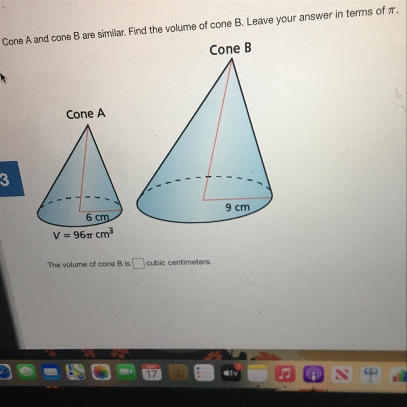 Cone A and cone B are similar . Find the volume of cone B. Leave your answer in terms-example-1