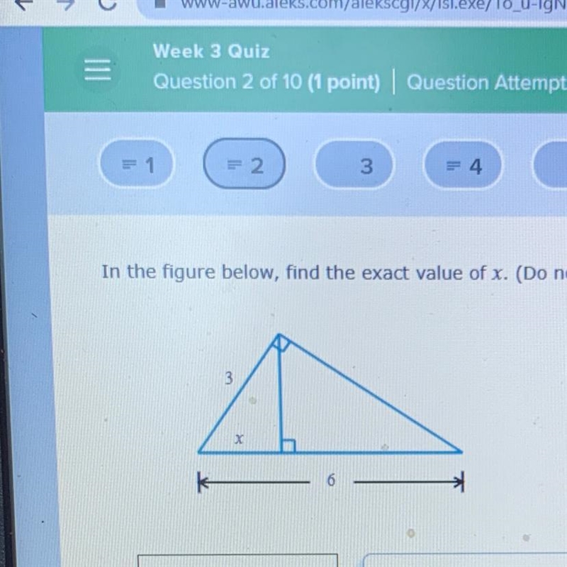 In the figure below, find the exact value of x. (Do not approximate your answer.) 3-example-1