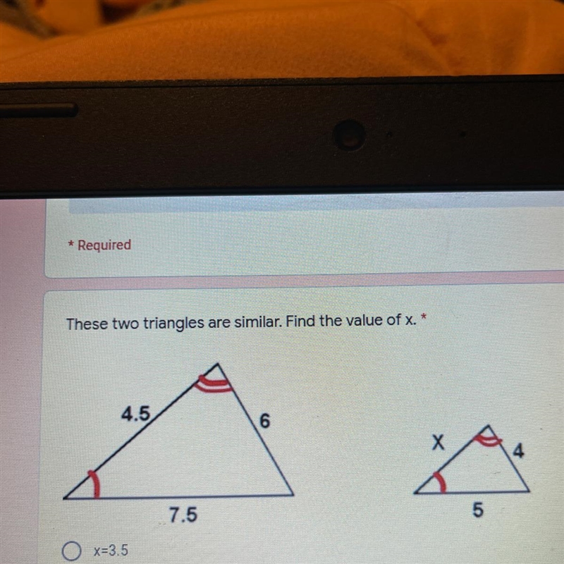 These two triangles are similar. Find the value of x. 4.5 6 Х 4 7.5 an 5-example-1