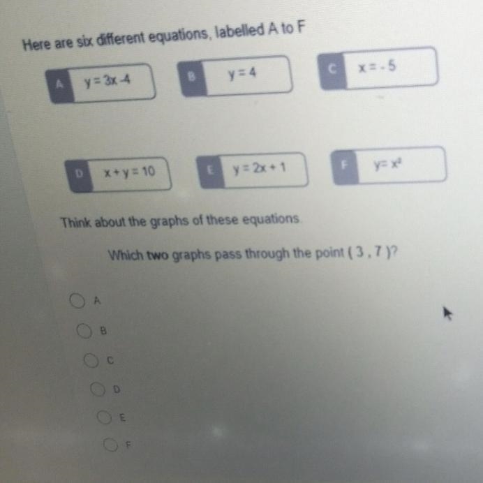 Which two graphs pass through the point (3, 7)-example-1