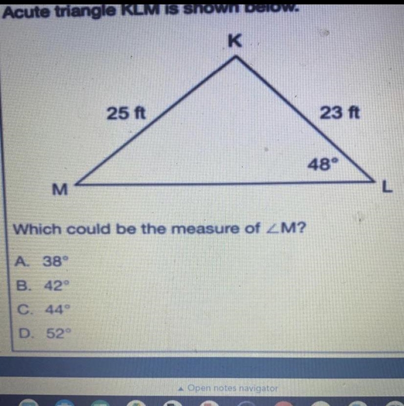 Which could be the measure of SHOW WORK! A.) 38 B.) 42 C.) 44 D.) 52-example-1