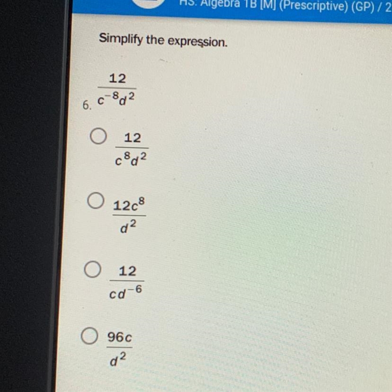 Simplfiy the expression 12/c^-8d^2?-example-1