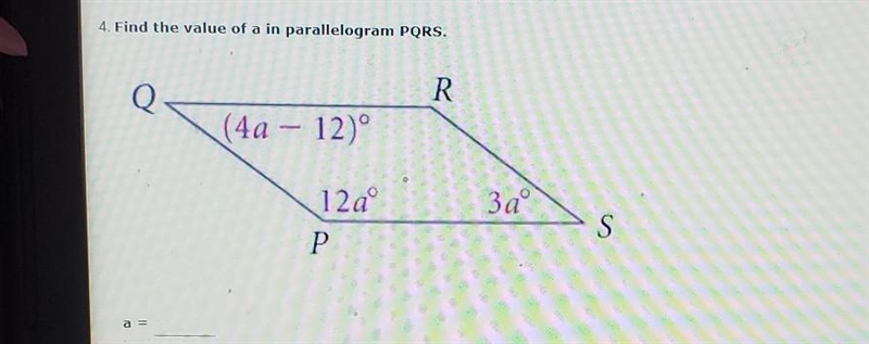 Find the value of a in parallelogram PQRS.​-example-1