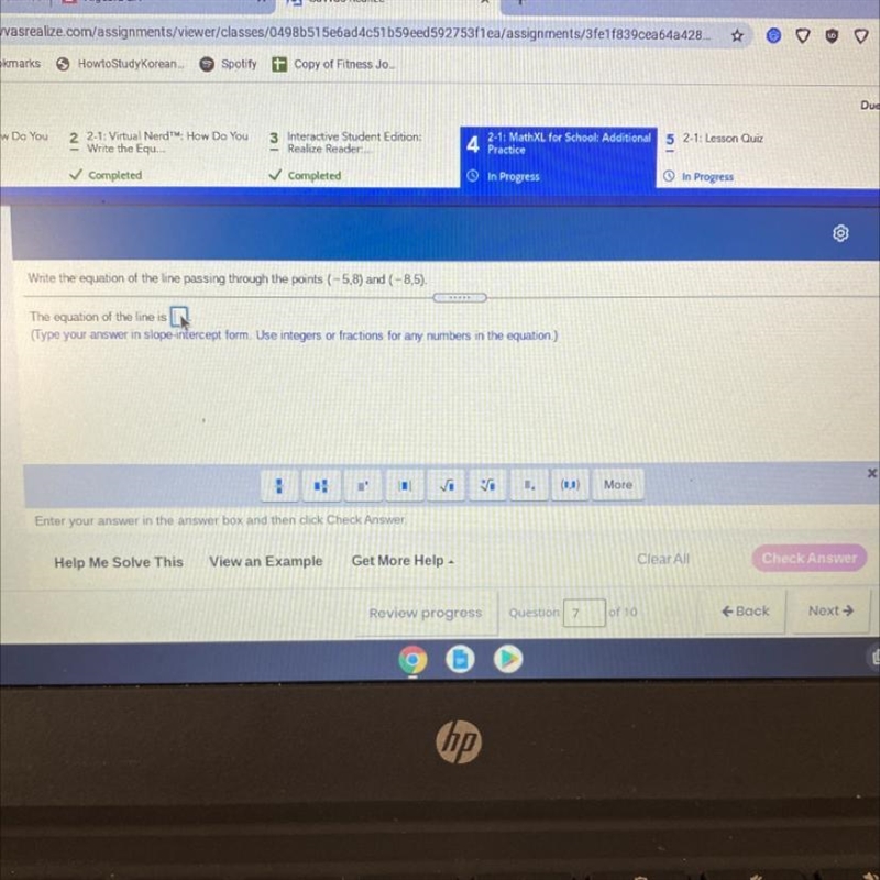 HELP ASAP Write the equation of the line passing through the points (-5,8) and (-8,5).-example-1