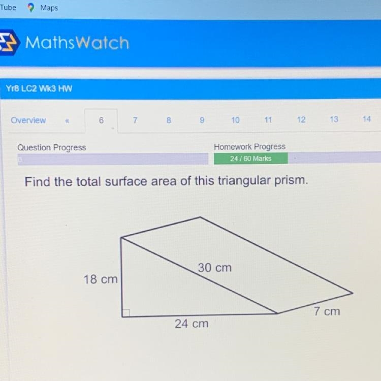 Find the total surface area of this triangular prism. 30 cm 18 cm 7 cm 24 cm-example-1