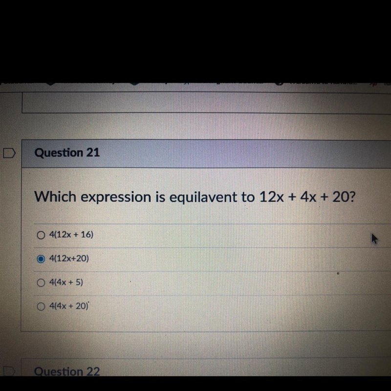 Which expression is equivalent to 12X + 4X +20?-example-1