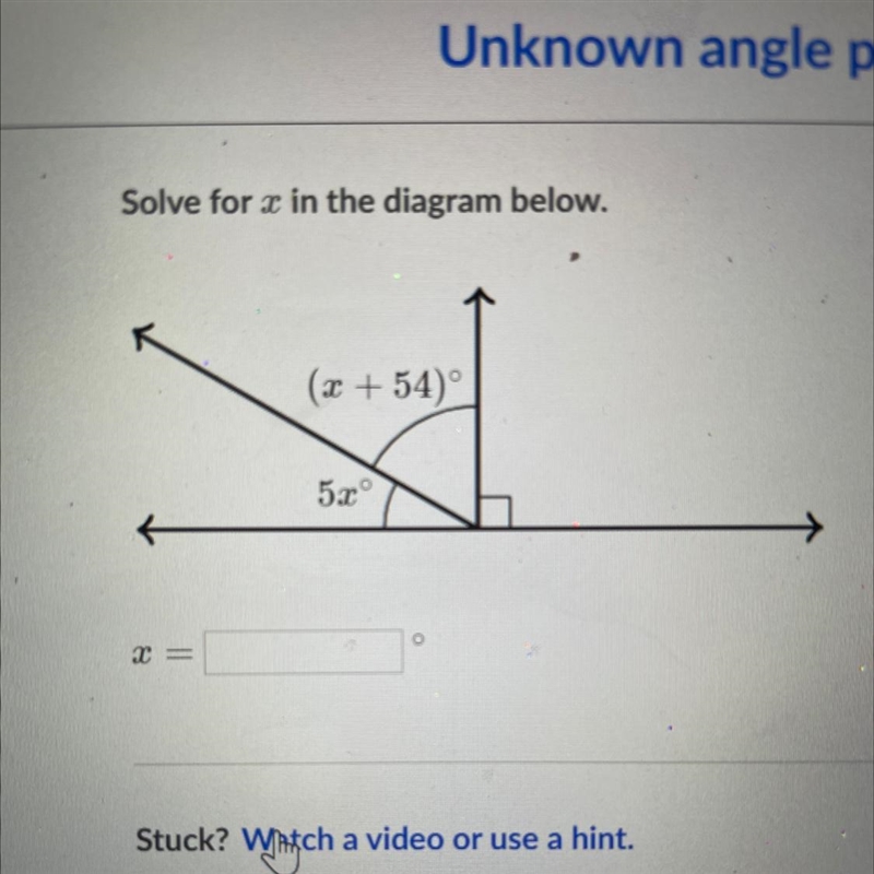 Solve for x in the diagram below. (x + 54) 5xº o =-example-1