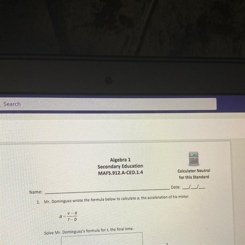 Mr. Dominguez wrote the formula below to calculate o, the acceleration of his motor-example-1