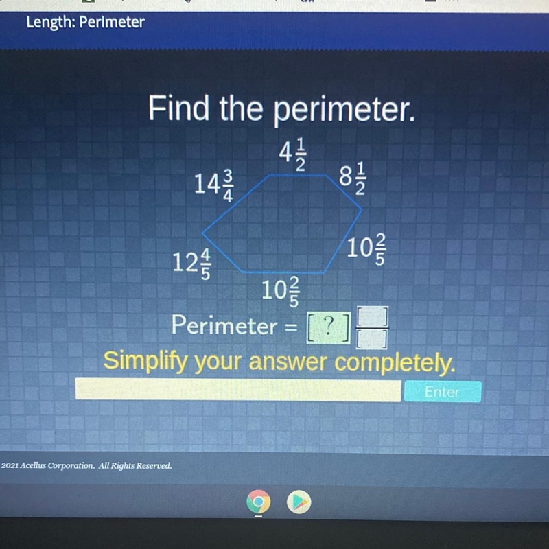 Find the perimeter. 42 14 82 102 O 12 102 Perimeter = ? Simplify your answer completely-example-1