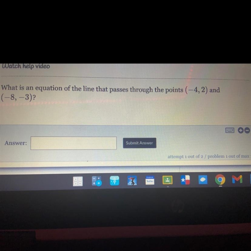 What is an equation of the line that passes through the points (-4, 2) and (-8, -3)?-example-1