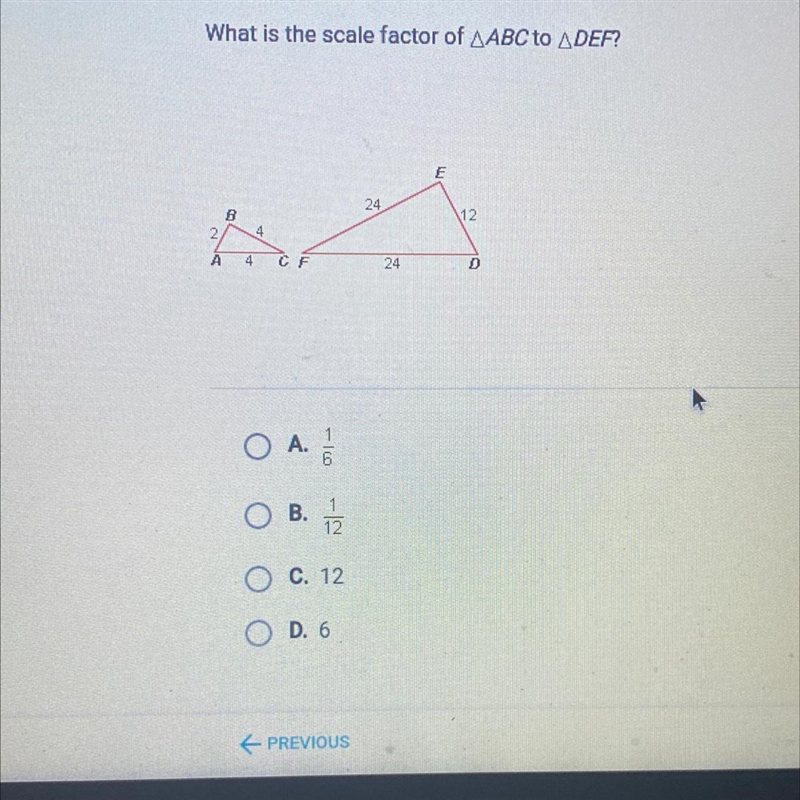 What is the scale factor of ABC to A DEF?-example-1