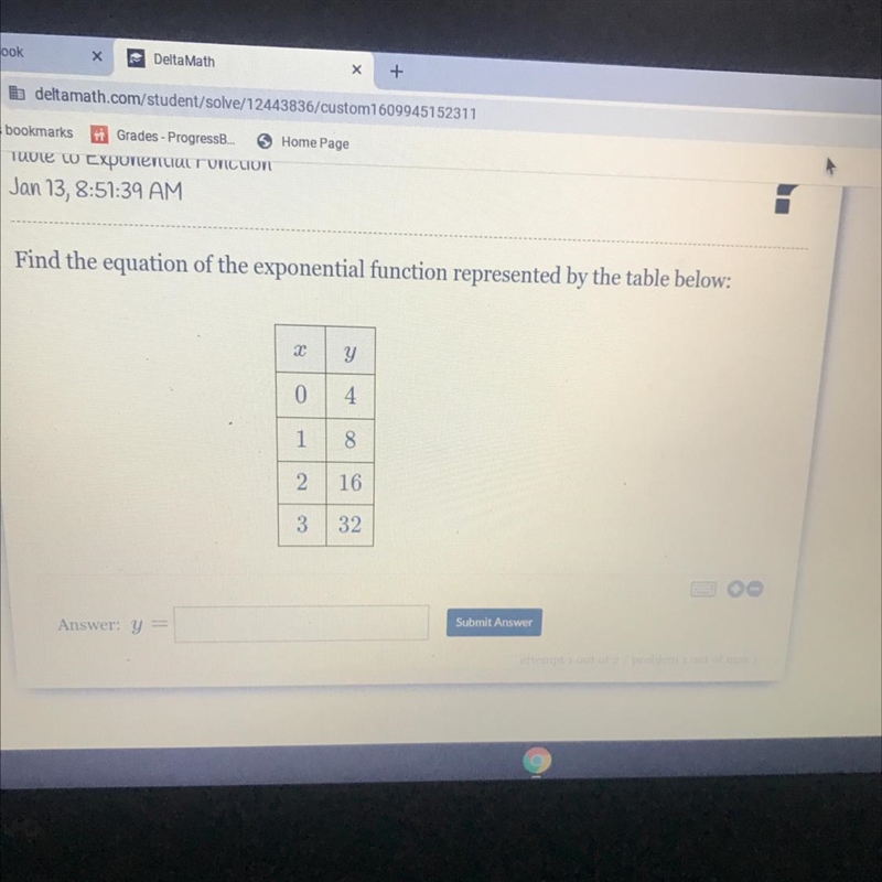 PLEASE ANSWER ASAP Find the equation of the exponential function represented by the-example-1