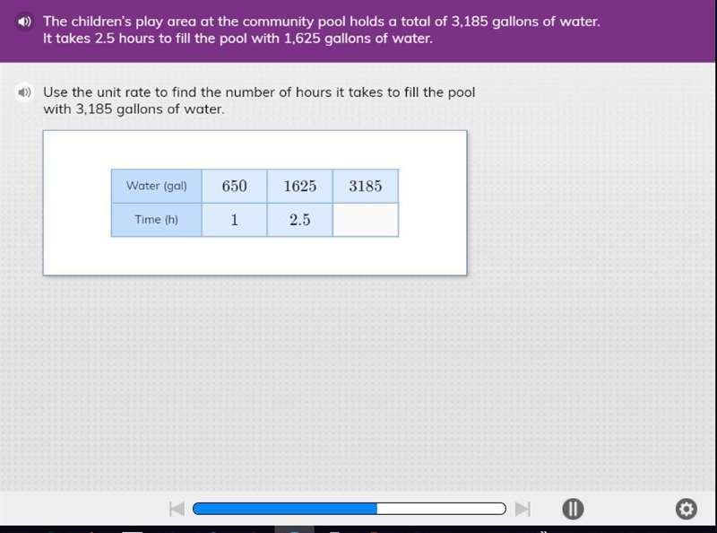 Use the unit rate to find the number of hours it takes to fill the pool with 3,185 gallons-example-1