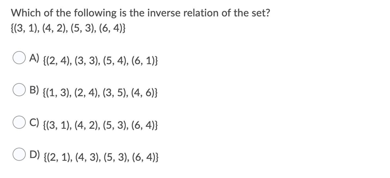 Which of the following is the inverse relation of the set?-example-1