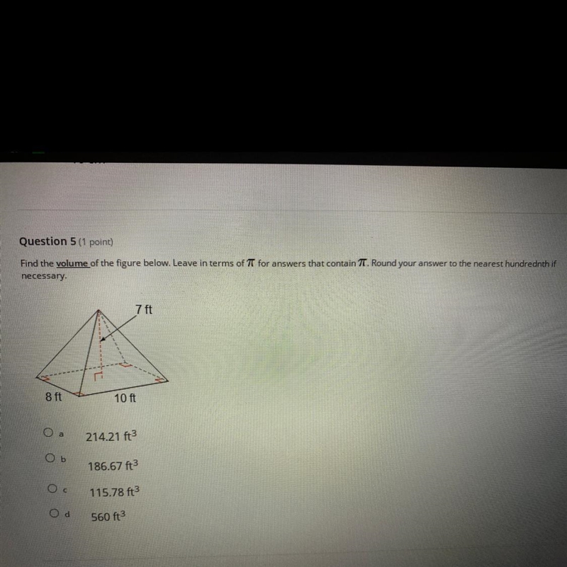 Question 5 (1 point) Find the volume of the figure below. Leave in terms of TT for-example-1