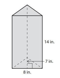 Find the volume of this prism. A 29 cubic inches B 196 cubic inches C 392 cubic inches-example-1