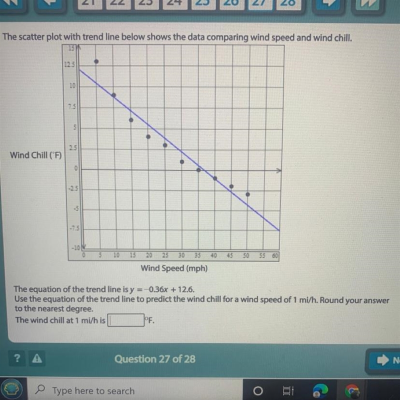 The equation of the trend line is y = -0.36x + 12.6. Use the equation of the trend-example-1