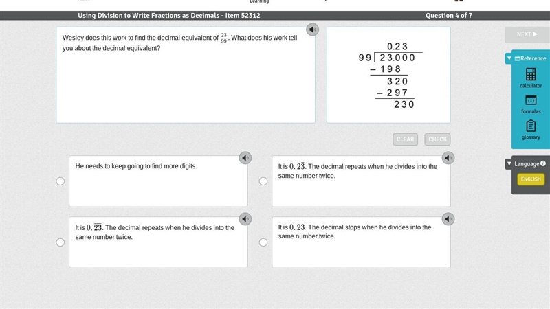 Wesley does this work to find the decimal equivalent of 2399. What does his work tell-example-1