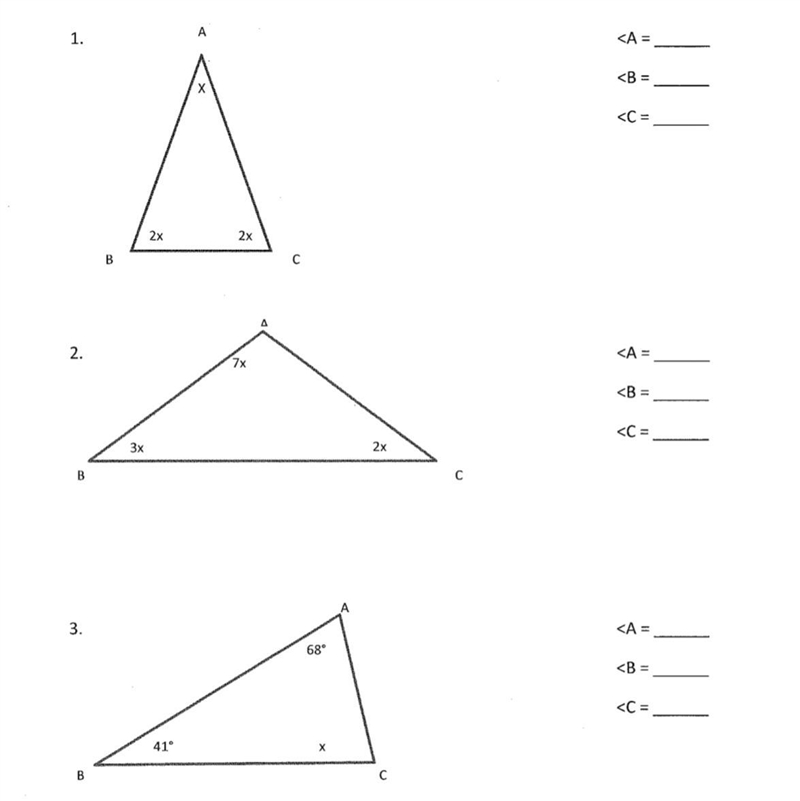 Find all the angles in each of the following triangles (image attached)-example-1