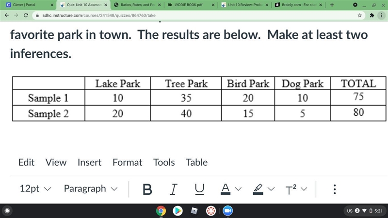 Two different random samples were used to determine students’ favorite park in town-example-1