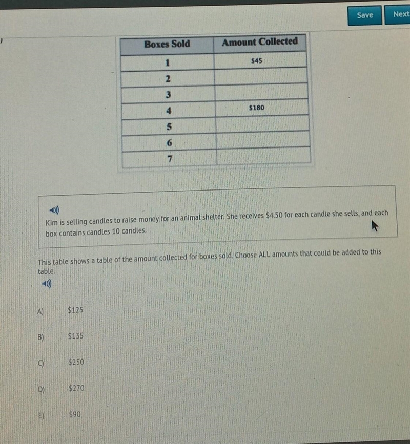 this table shows a table of the amount collected for boxes sold. Choose all amounts-example-1