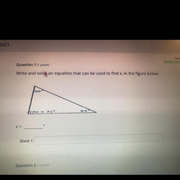 Write and solve an equation that can be used to find x, in the figure below:-example-1