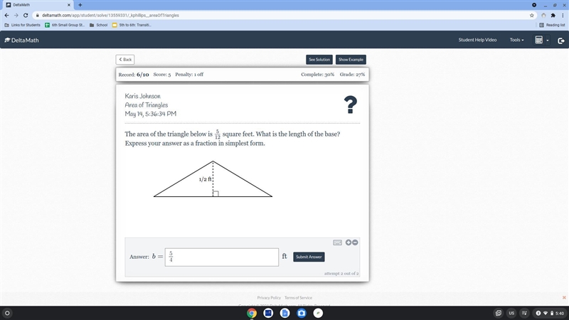 The area of the triangle below is 5/12 square feet. What is the length of the base-example-1