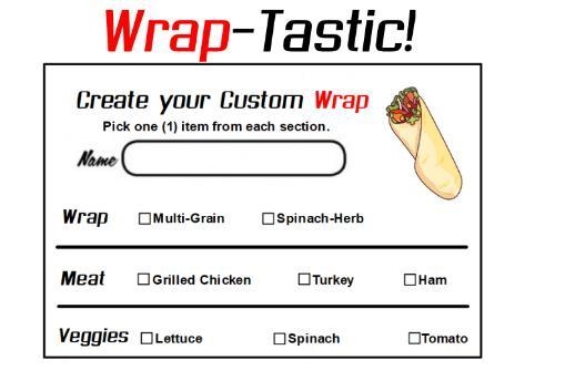 A food shop makes wraps where you can only choose one kind of wrap, one meat, and-example-1