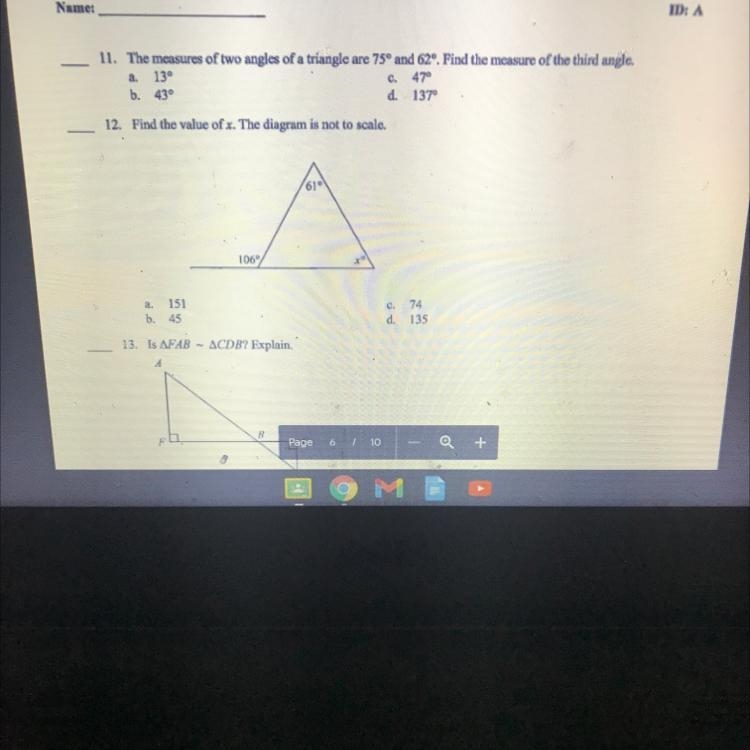 The measures of two angles of a triangle are 75 and 62º. Find the measure of the third-example-1