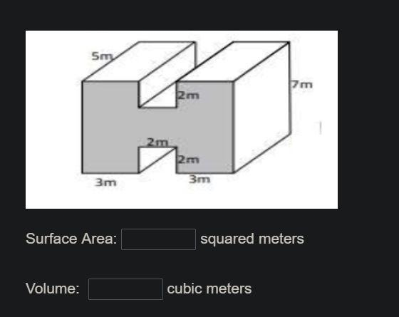 What are the surface area and volume of the following shape?-example-1