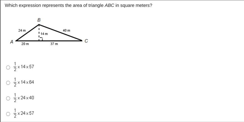 6th Grade Math Which expression represents the area of triangle ABC in square meters-example-1