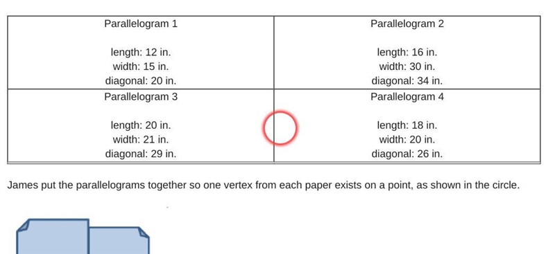 James cut out four parallelograms, the dimensions of which are shown below. Parallelogram-example-1