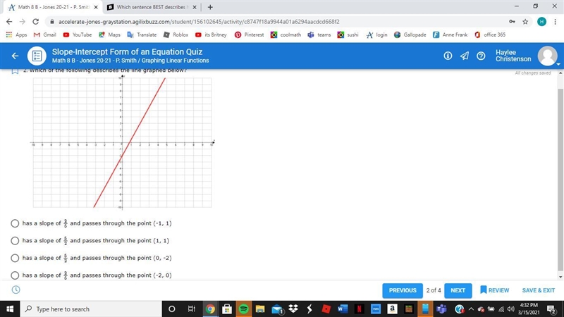 What is the slope of the line y = 3x + 5? -5 -3 5 3 Where does the line y = 3x + 5 cross-example-2