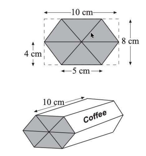 A box of coffee is in the shape of a hexagonal prism. Each of the 6 triangles has-example-1