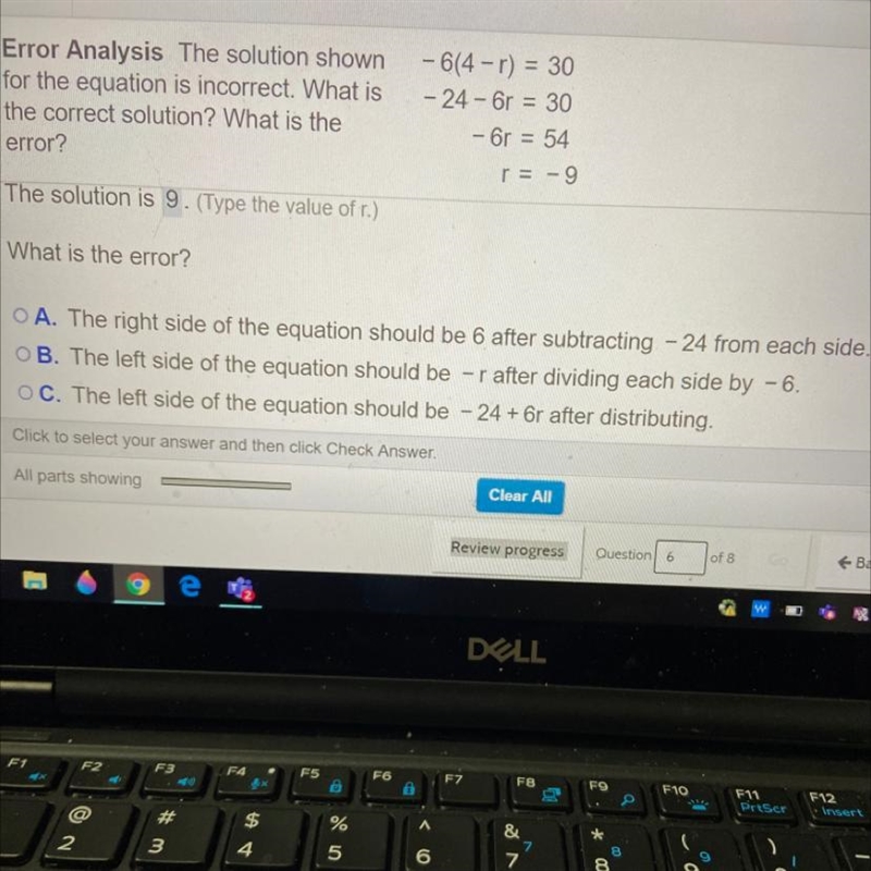 Need help asap A. The right side of the equation should be 6 after subtracting -24 from-example-1