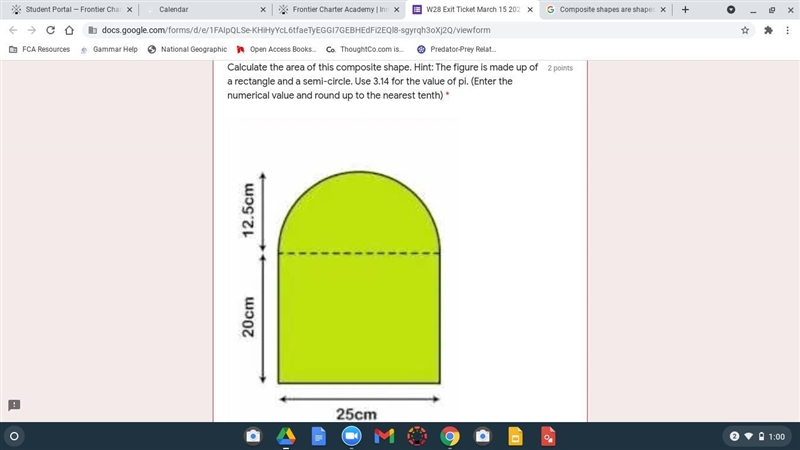 Calculate the area of this composite shape. Hint: The figure is made up of a rectangle-example-1