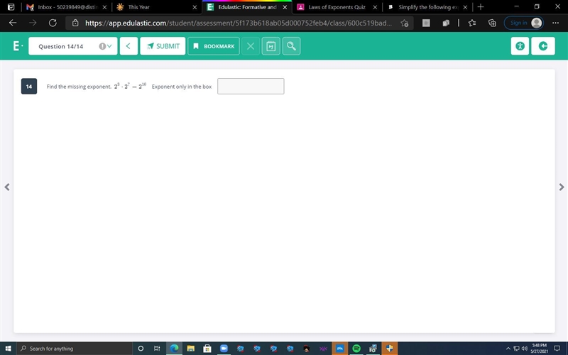 Find the missing exponent. 2^{3}\cdot 2^{?}=2^{10}2 3 ⋅2 ? =2 10 Exponent only in-example-1