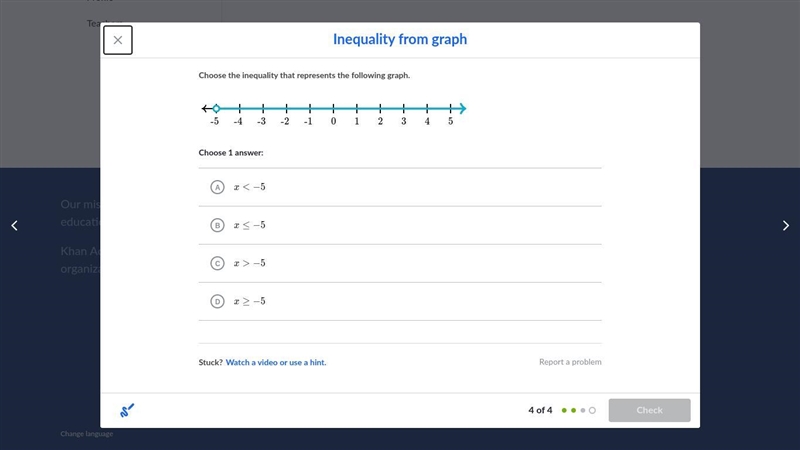 Choose the inequality that represents the following graph. Pick One Khan OwO this-example-1