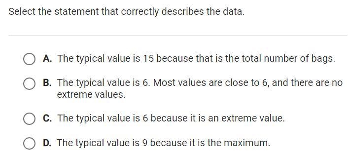 The data set shows the numbers of yogurt pretzels in various bags. 5, 5, 5, 5, 6, 6, 6, 6, 6, 6, 7, 7, 8, 8, 9 Select-example-1