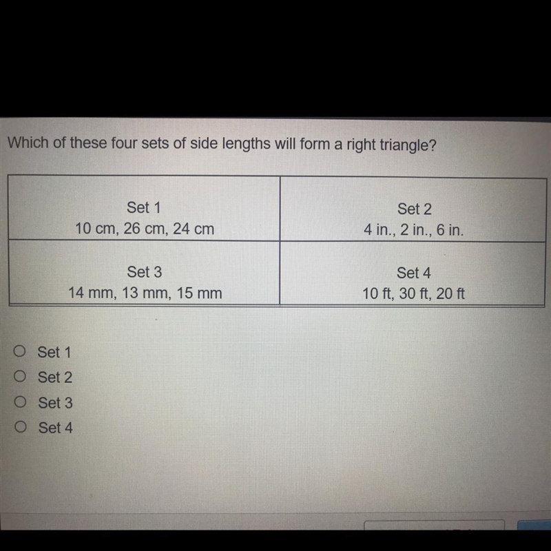 Which one of these four sets of side lengths will form a right triangle?-example-1