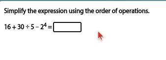 Simplify the expression using the order of operations. 16 + 30 ÷ 5 − 2^2 =-example-1