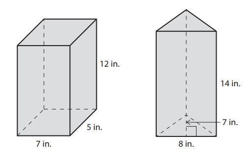 Two prisms are shown below. Which TWO statements about the volumes of the prisms are-example-1