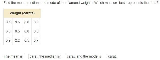 Find the mean, median, and mode of the diamond weights. Please help!!-example-1