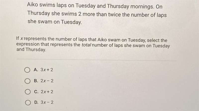 Aiko swims laps on tuesday and thrusday mornings. on thursday she swims 2 more than-example-1