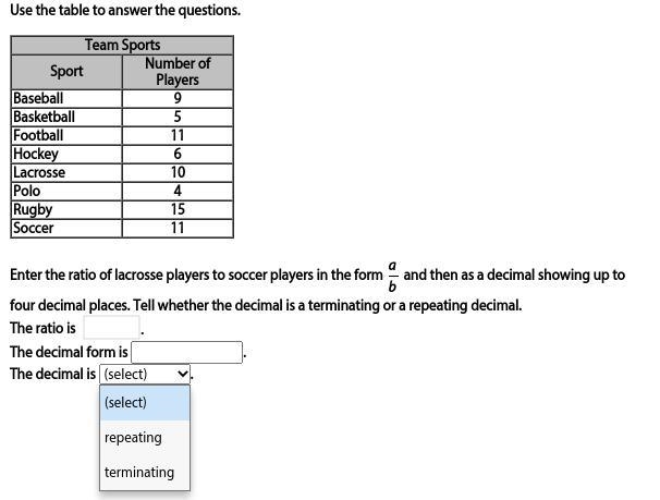 Use the table to answer the questions. Team Sports Sport Number of Players Baseball-example-1