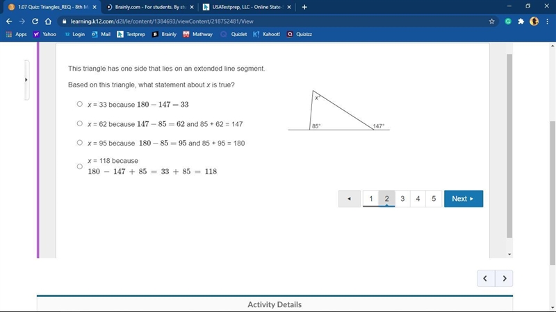 This triangle has one side that lies on an extended line segment. Based on this triangle-example-1