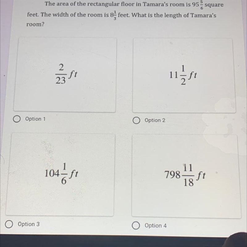 The area of the rectangular floor in Tamara's room is 95 5/6 square feet. The width-example-1