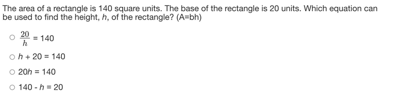 The area of a rectangle is 140 square units. The base of the rectangle is 20 units-example-1